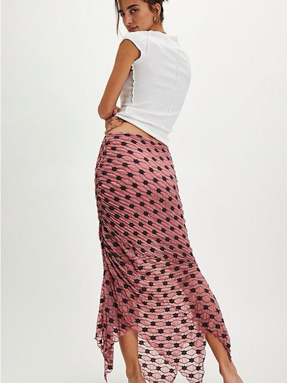 Free People Pink and Black Ruched Handkerchief Hem Skirt